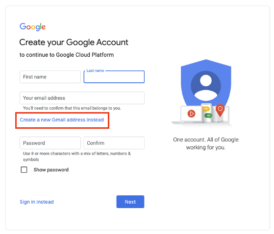 Click link to create new Gmail Address