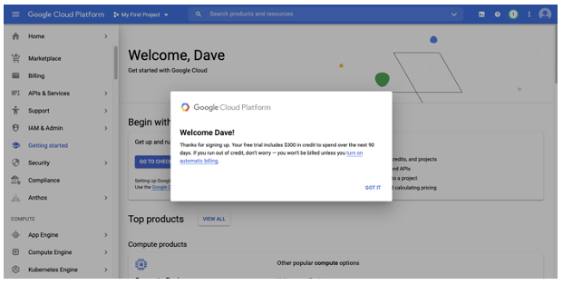 Congratulations!! You've created your Google Cloud account!