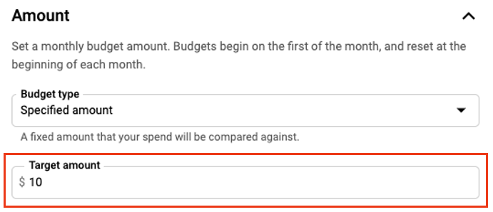 In the Amount section, select Specified amount from the Budget type dropdown and enter the dollar amount you want to set as your Target amount.