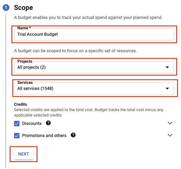 In the Scope section, enter the Name of your budget, All projects should be selected in the Projects dropdown and All Services should be selected in the Services dropdown. Click the Next button.