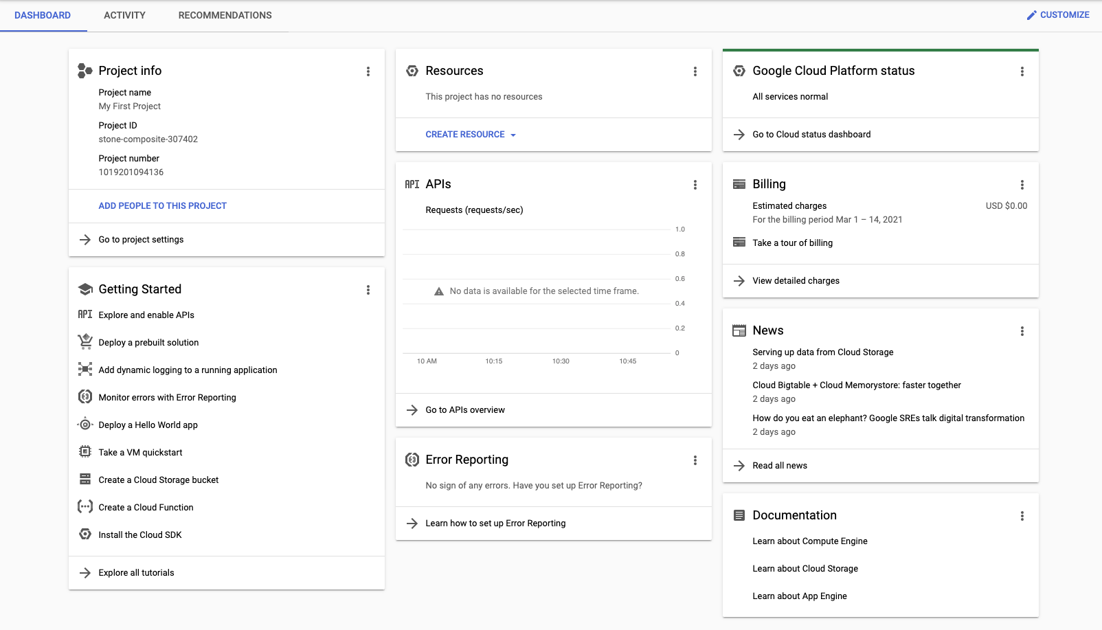The dashboard provides several customizable widgets that provide you with data related to both the selected project and Google Cloud. Links to Google documentation are also available on the dashboard
