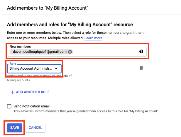 On the add members to your billing account screen, fill out/select the following fields: In the New members text box enter your new Gmail address from step 1 In the Role dropdown, select Billing Account Administrator